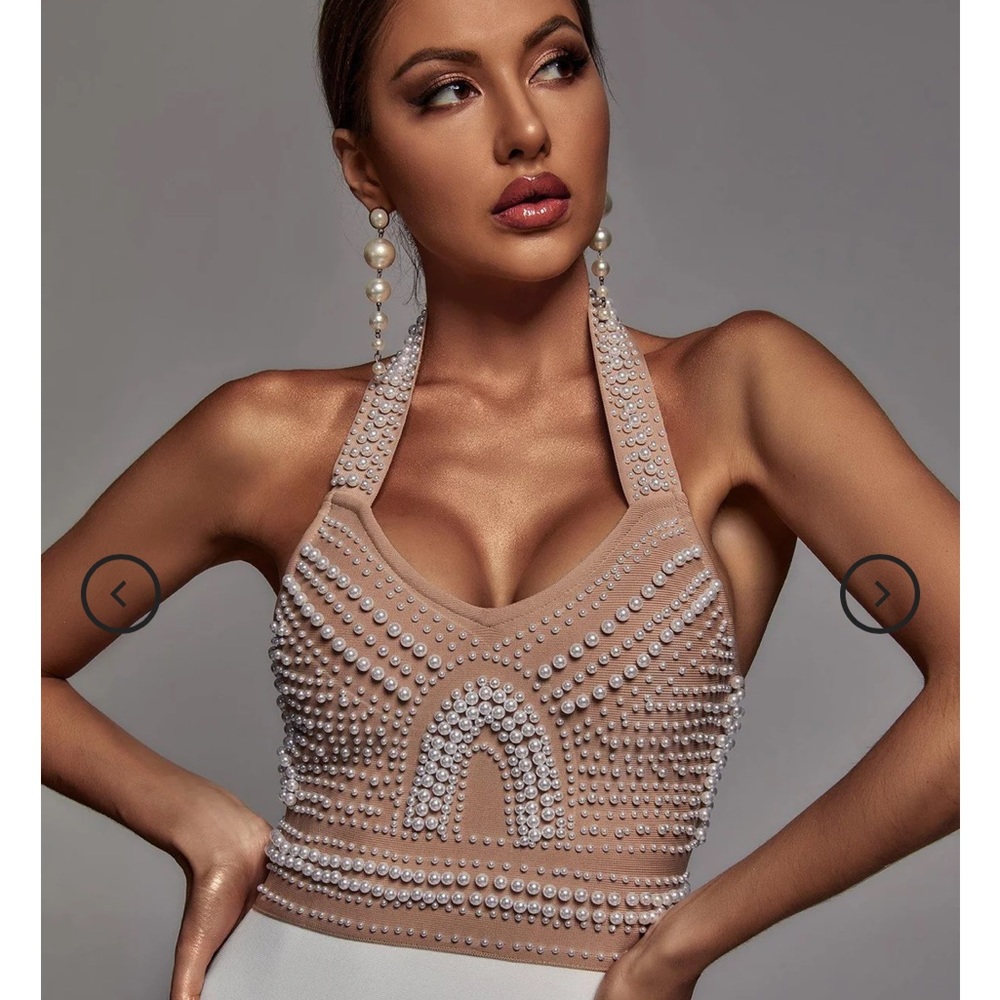 Bella Barnett Cornelia Pearl Halter Bandage Dress - Beige